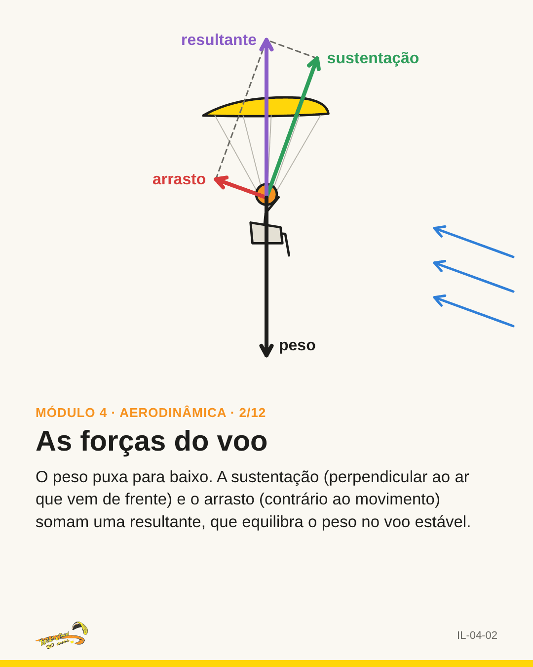Vela em perfil com o piloto: setas de peso, sustentação, arrasto e resultante