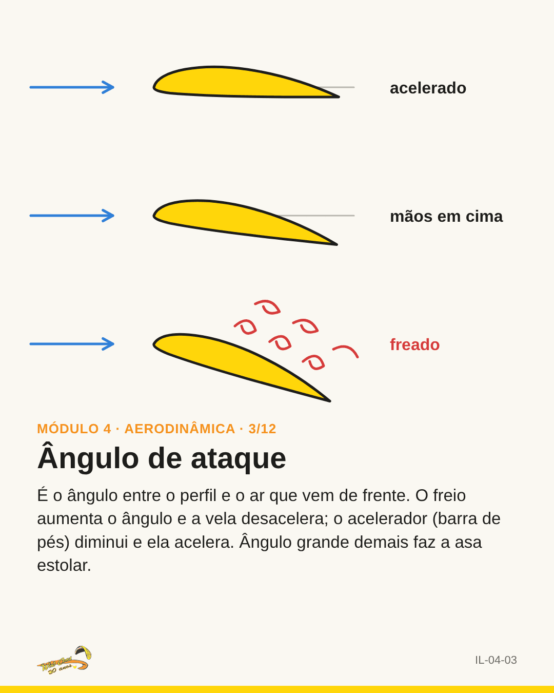 Perfil da asa em três posições: acelerado, mãos em cima, freado; a última com fluxo descolado em vermelho