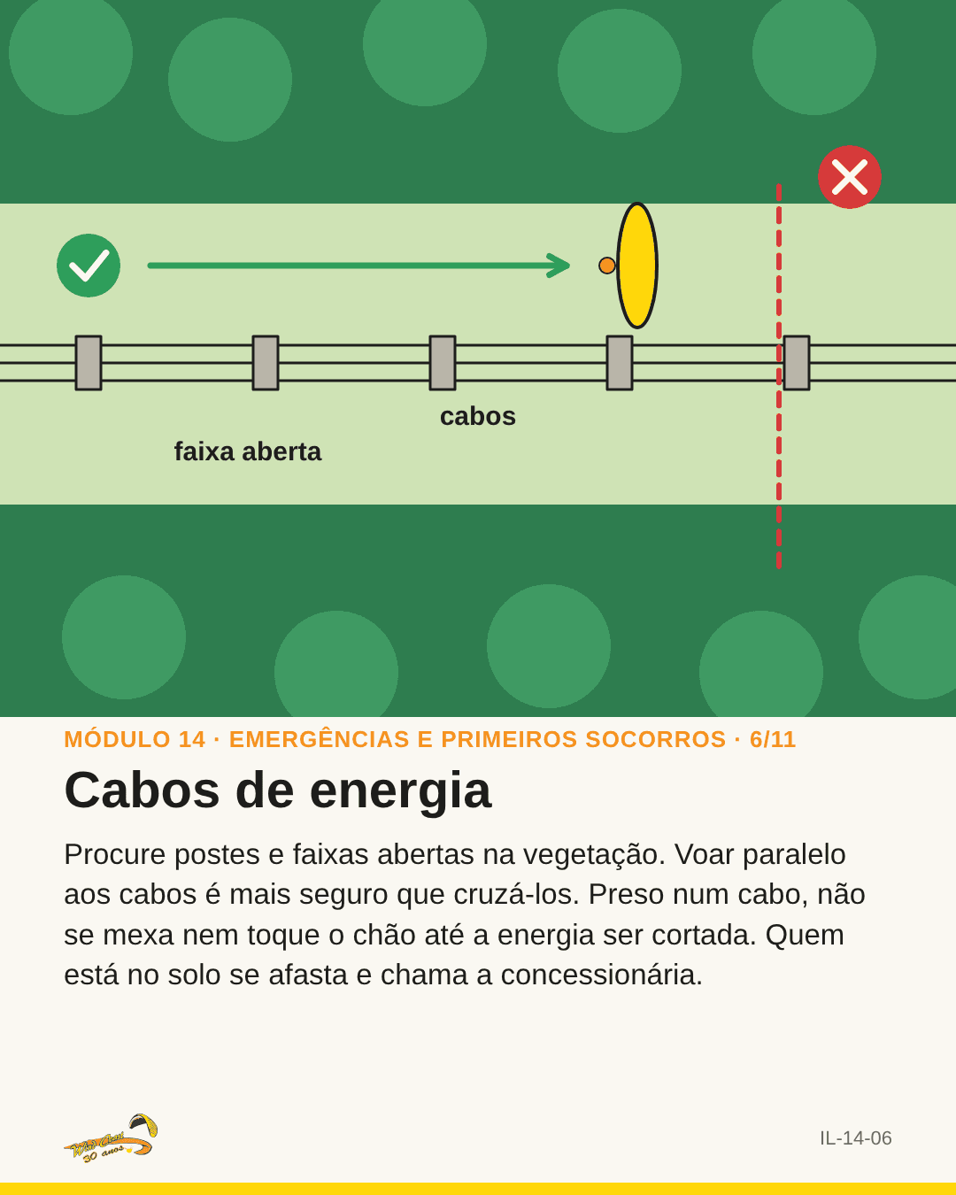 Linha de postes com o parapente voando ao lado, não por cima