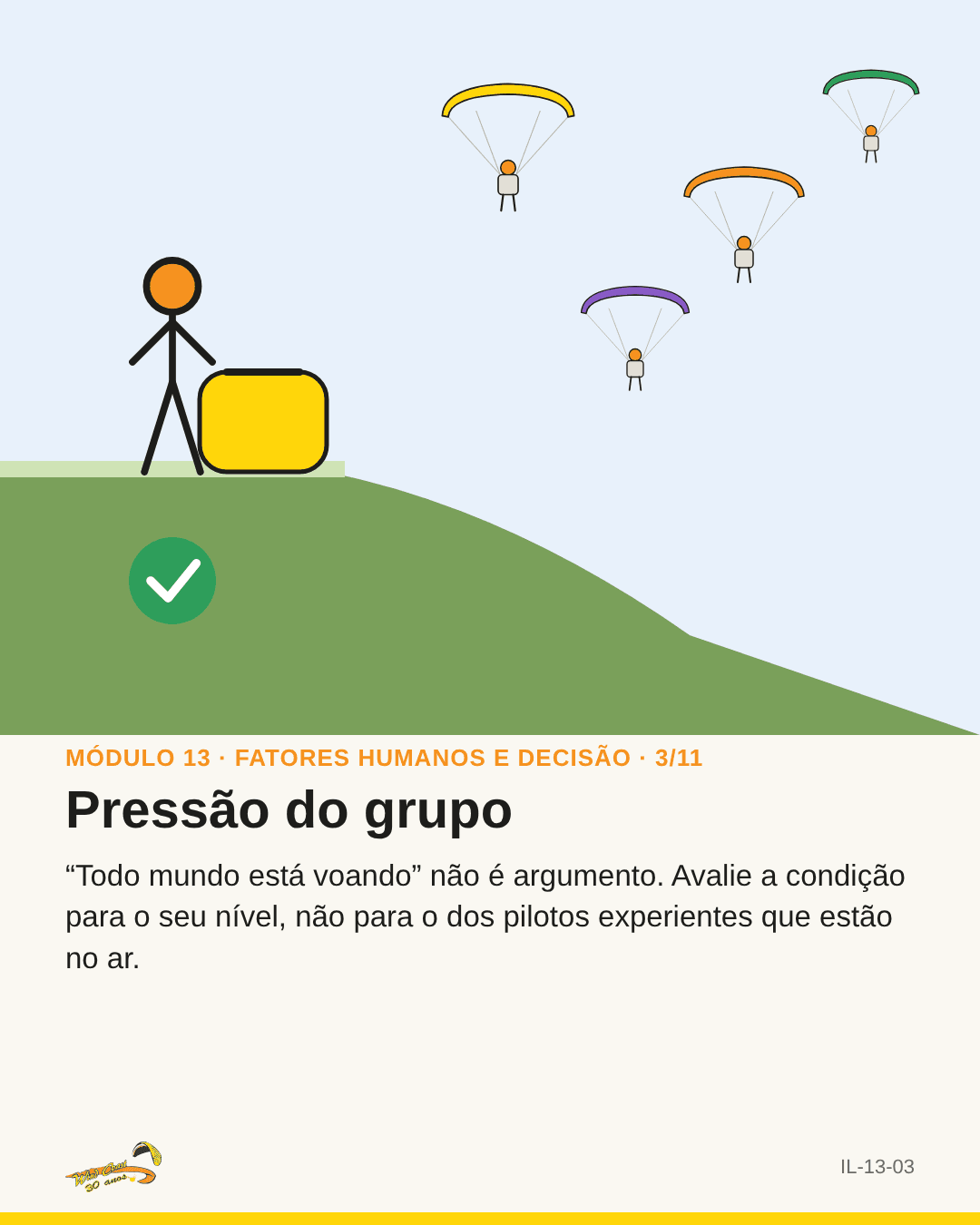 Vários parapentes no ar e o aluno guardando a vela, ✓