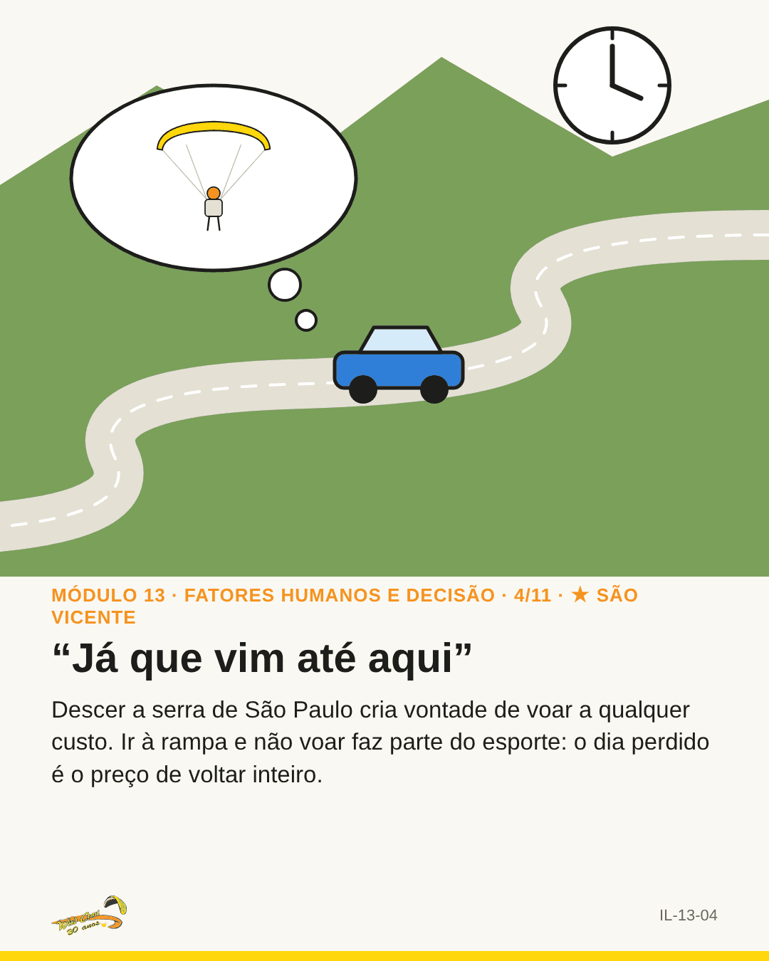 Carro na estrada da serra com um relógio e um balão de pensamento