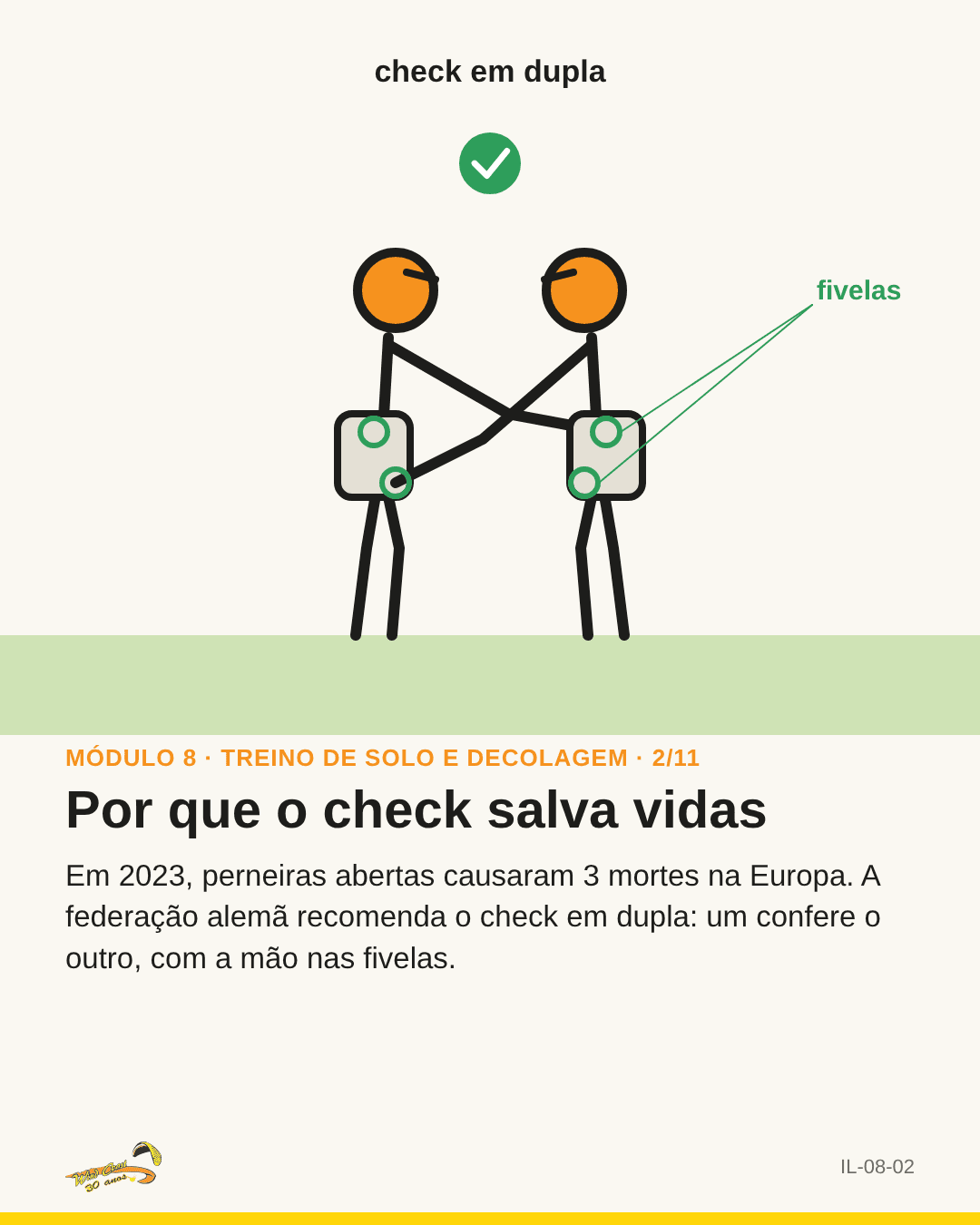 Dois alunos conferindo as fivelas um do outro